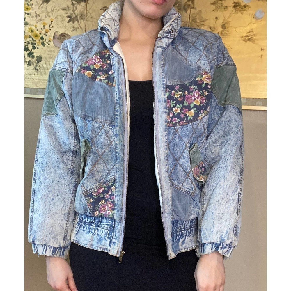 VINTAGE Weathered Blues Patchwork Warm Winter Jacket Corduroy